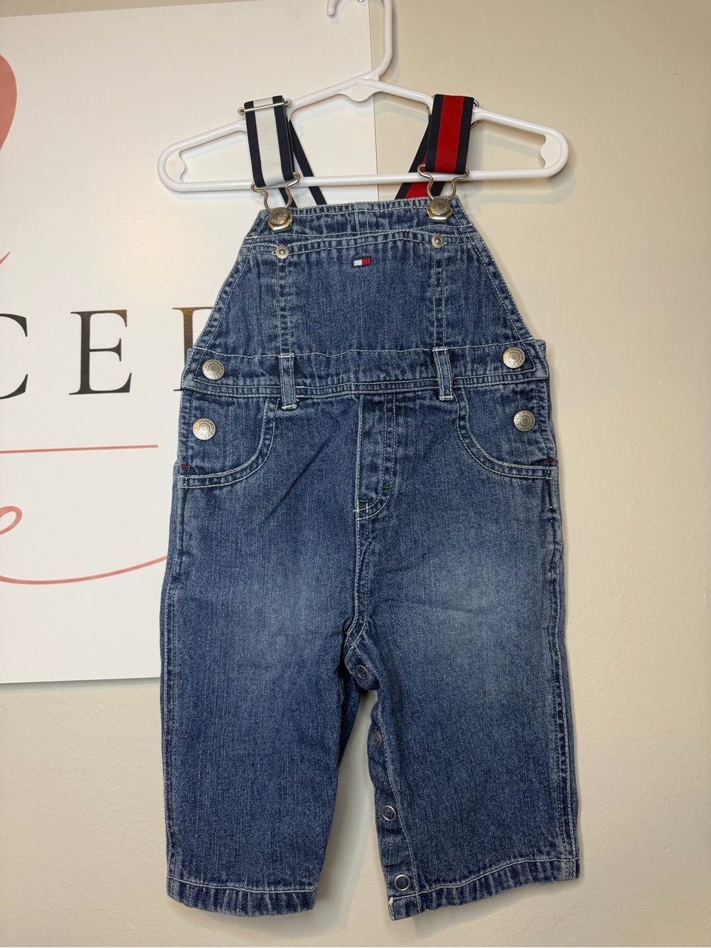 Tommy Hilfiger Denim Overalls with Navy & Red Straps